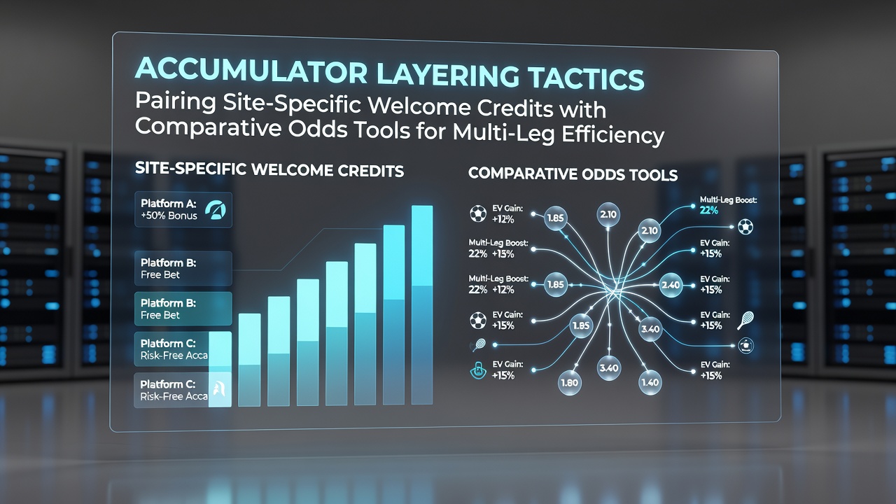 Illustration of accumulator layering tactics showing welcome credits paired with odds comparison tools