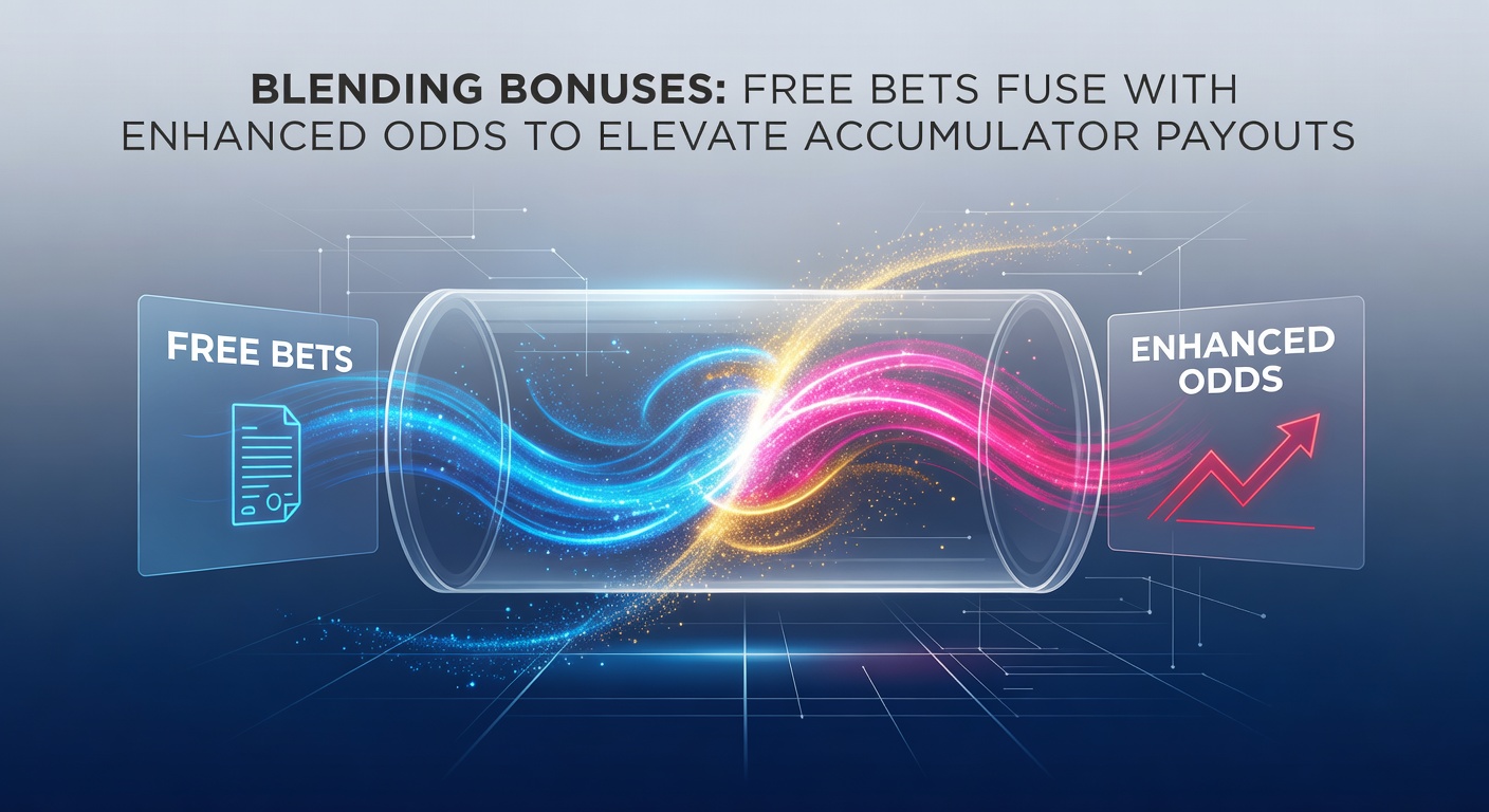 Graphic showing stacked betting slips with glowing bonus icons merging free bet and enhanced odds symbols to boost a payout meter