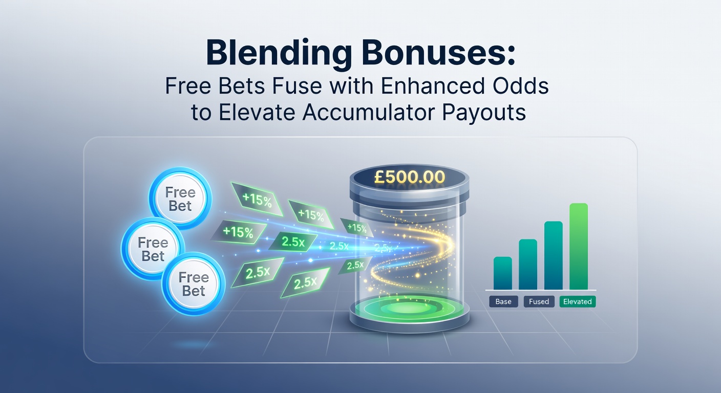 Infographic illustrating a free bet token merging with an enhanced odds arrow, exploding into a towering accumulator payout stack with football and racing icons