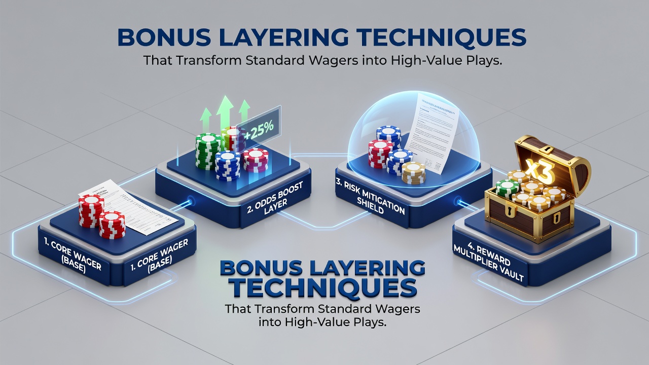 Diagram depicting step-by-step bonus stacking process with arrows connecting deposit match, free bet, and enhanced odds elements