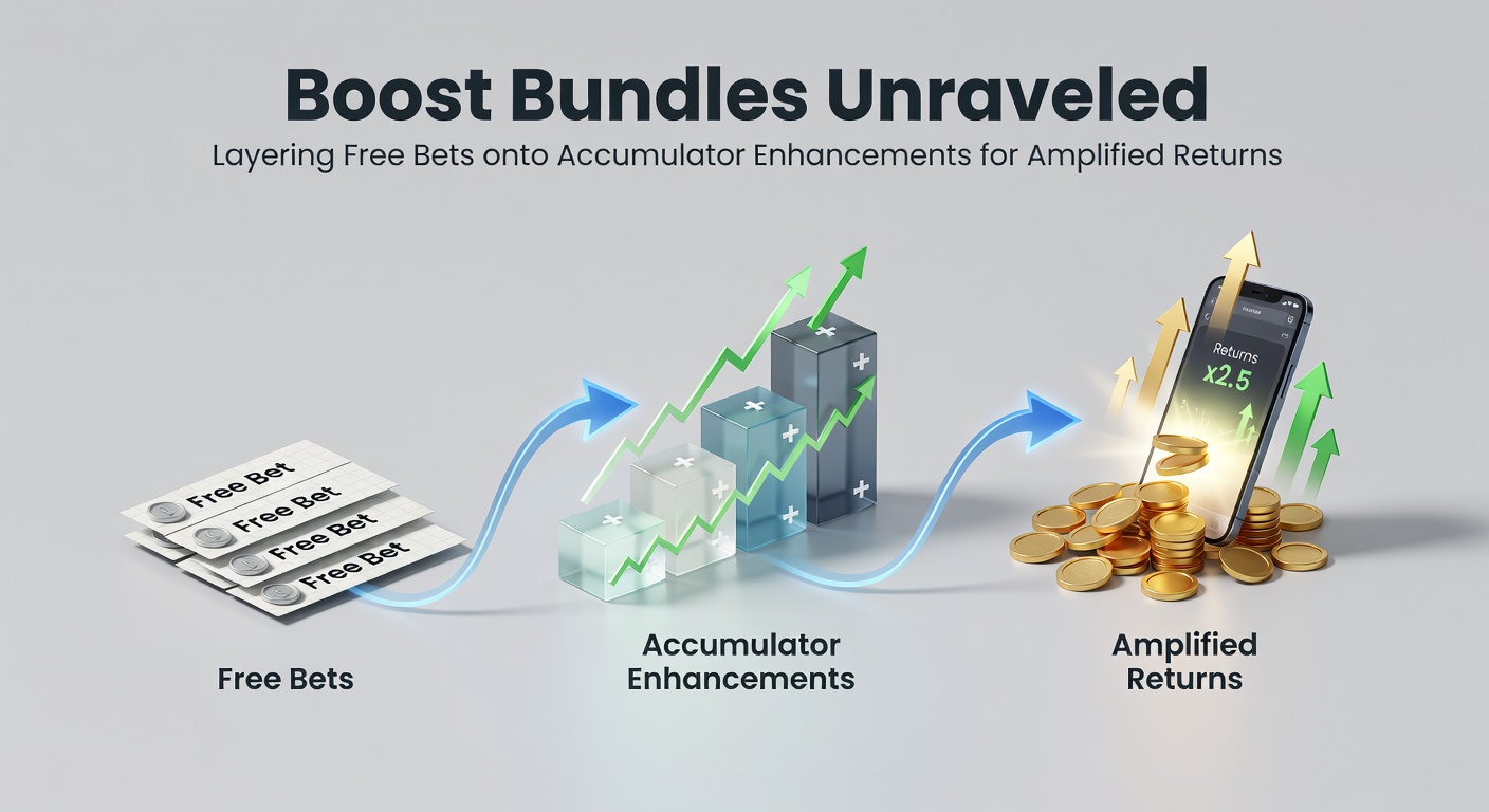 Graphic showing layered betting slips with free bets and accumulator boosts stacking for higher returns