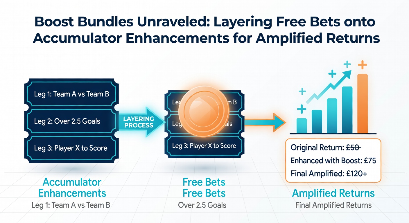 Illustration of a betting dashboard displaying stacked free bet and acca boost promotions leading to payout explosion
