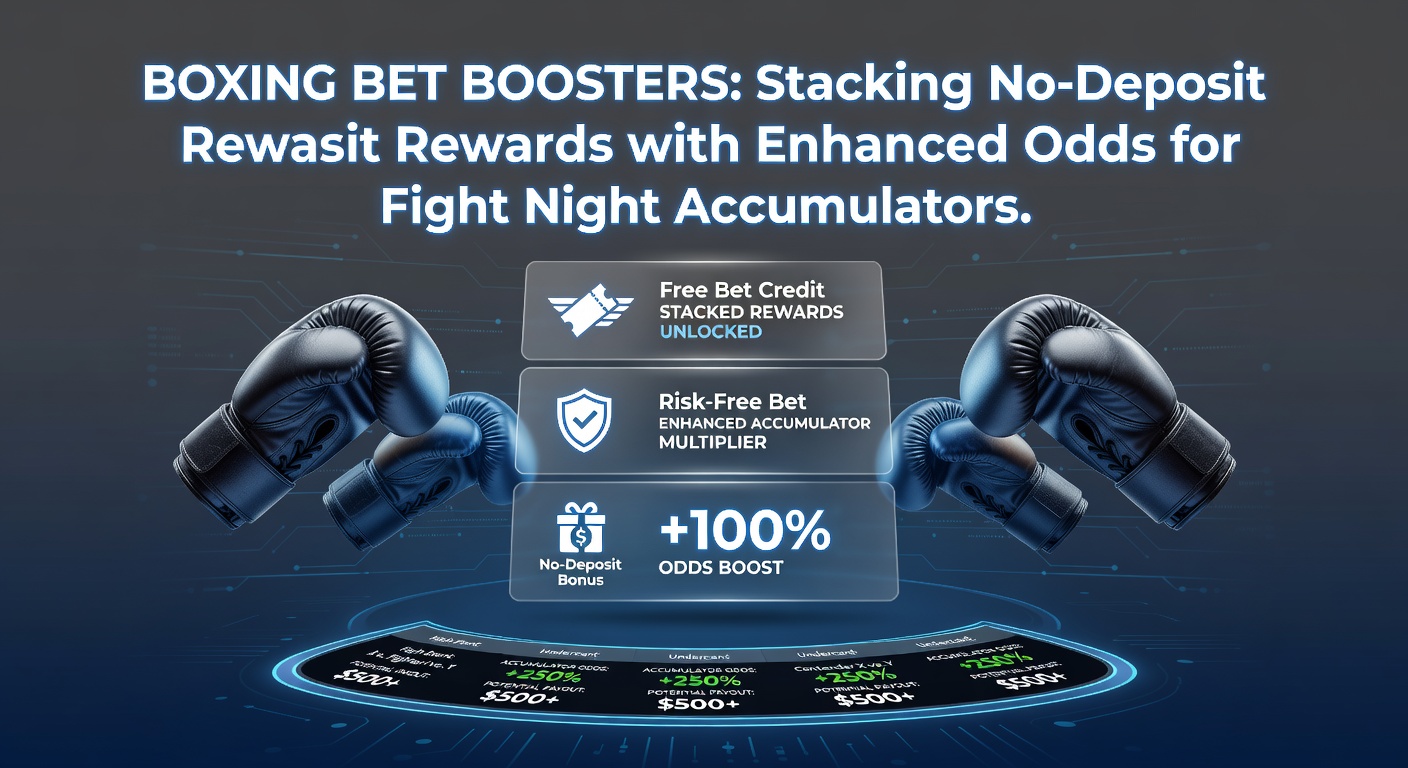 Digital betting interface showing a stacked boxing accumulator with no-deposit free bet icons, enhanced odds badges, and projected payout multipliers on a vibrant fight night card