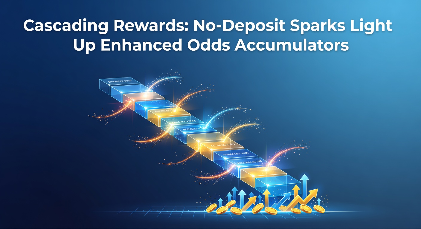 Graphic illustrating a chain reaction of betting rewards starting from a no-deposit bonus leading to boosted accumulator payouts