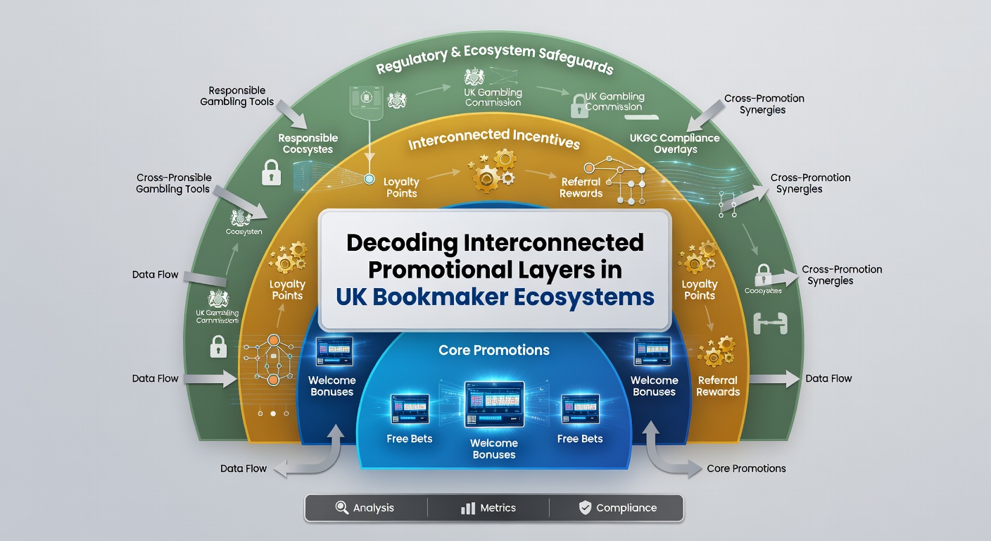 Diagram showing interconnected promotional layers in UK bookmaker ecosystems with arrows linking free bets, enhanced odds, and accumulator bonuses