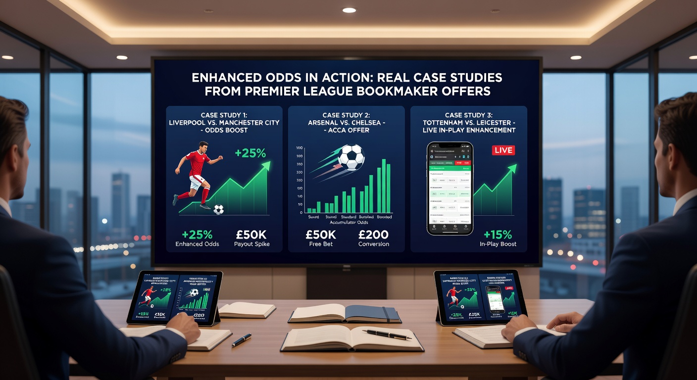 Close-up of a bookmaker app screen showing enhanced odds on a Premier League fixture, with boosted prices highlighted for key bets