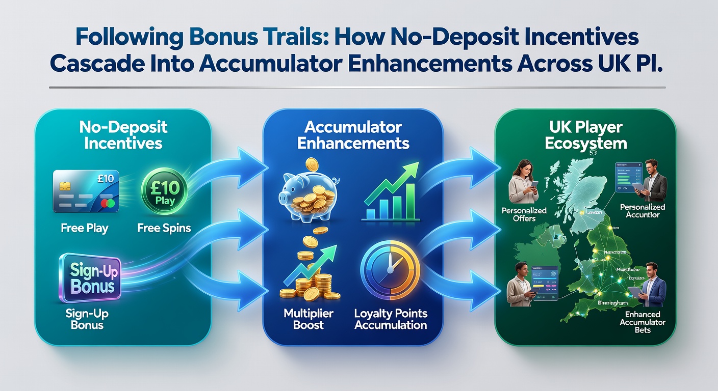 Illustration of a step-by-step bonus trail from no-deposit credit through accumulator selection to final enhancement payout