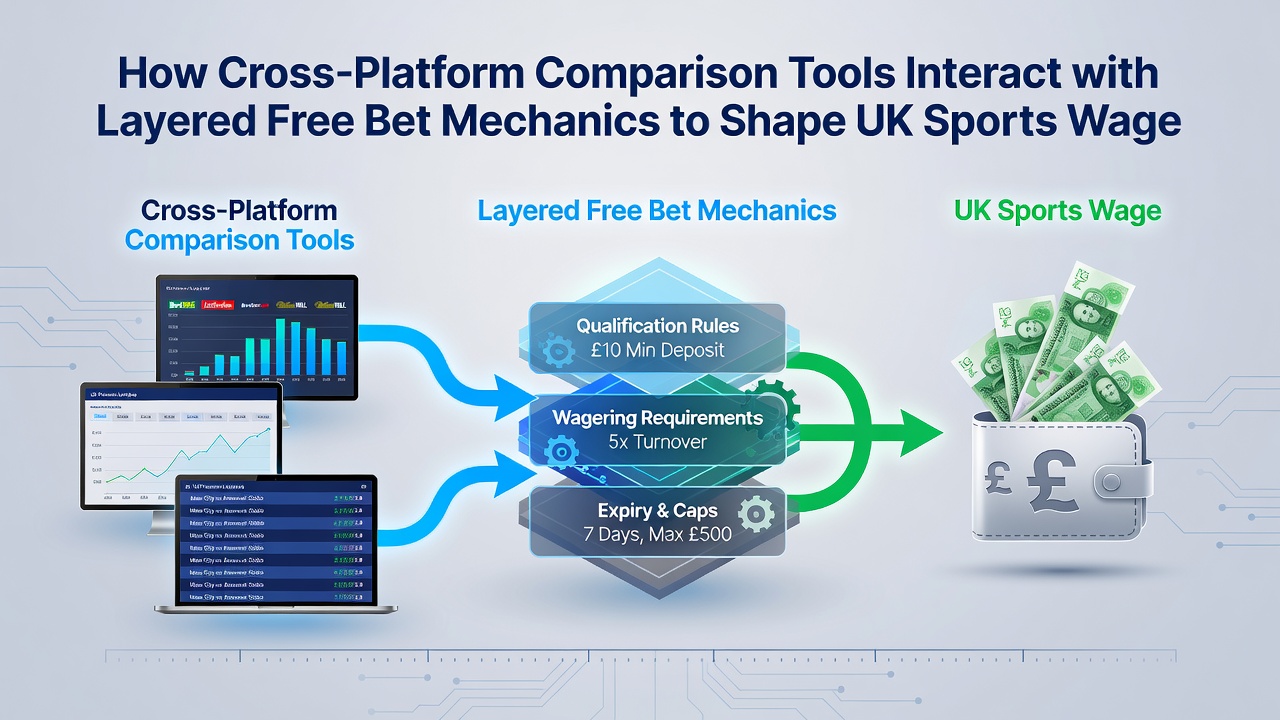 Detailed view of layered free bet application process across UK betting platforms with comparison metrics