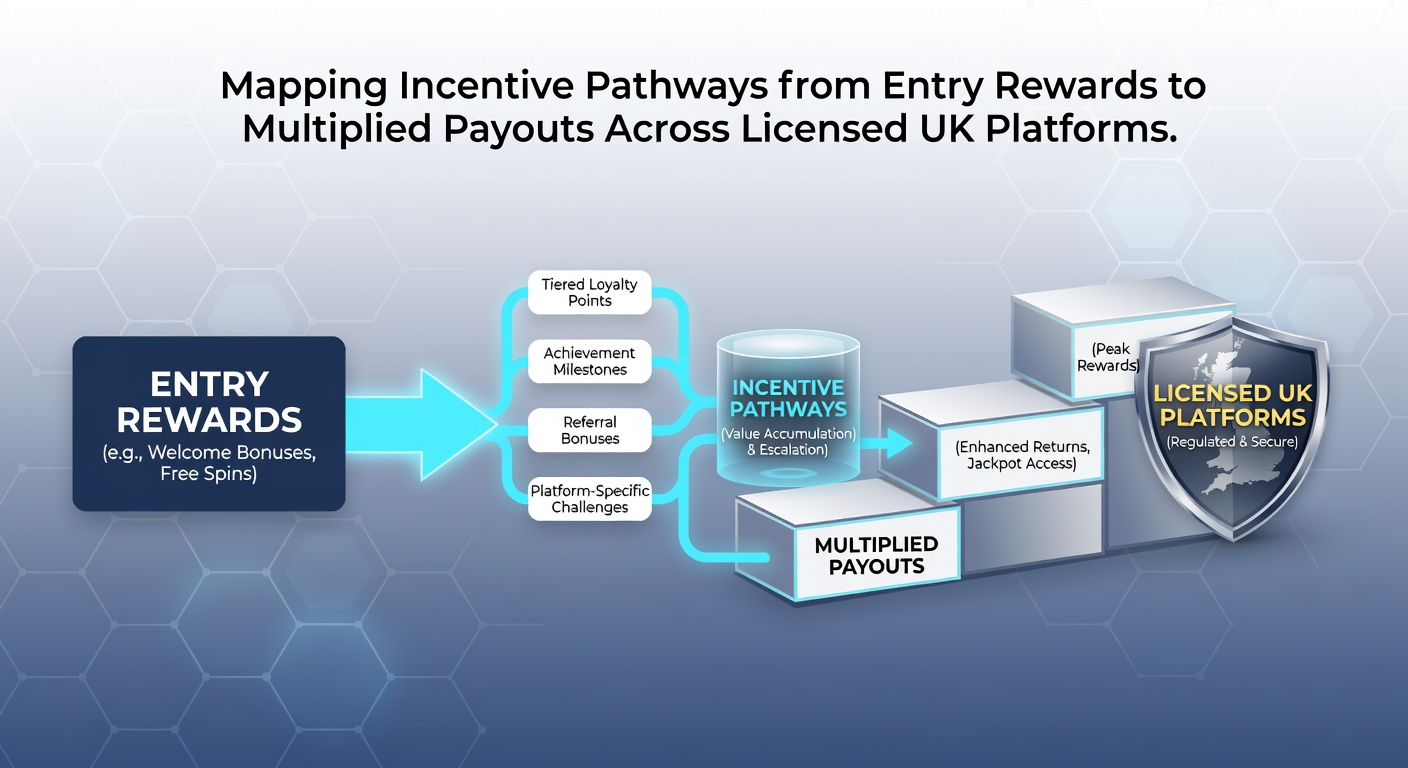 Flowchart illustrating how entry rewards progress to multiplied accumulator payouts across different UK licensed operators