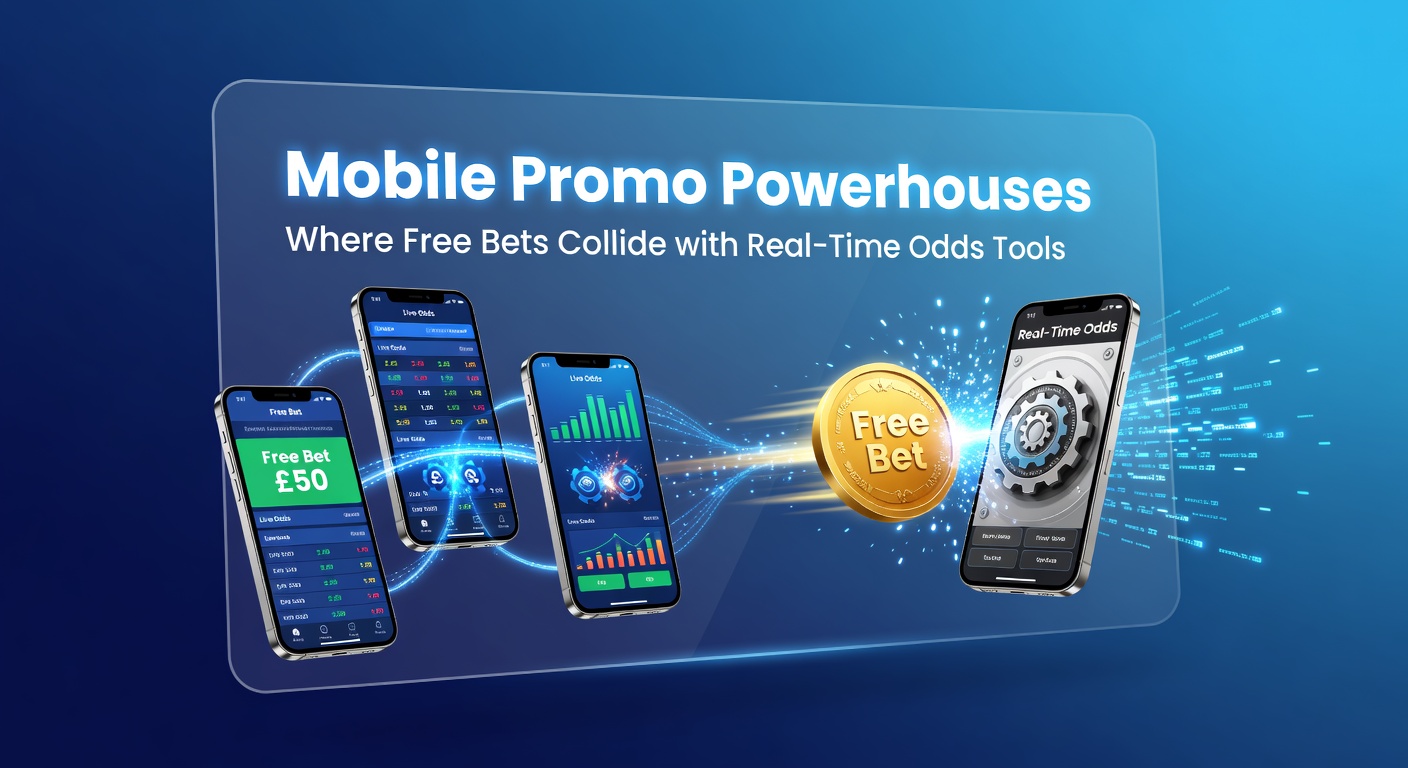 Smartphone screen displaying a mobile betting app with free bet offers overlaid on live odds updates during a soccer match