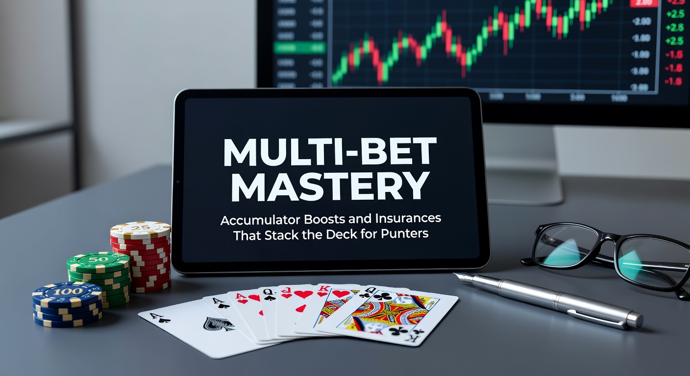 Graphic showing stacked accumulator bets with boost icons and insurance shields, illustrating multi-bet potential