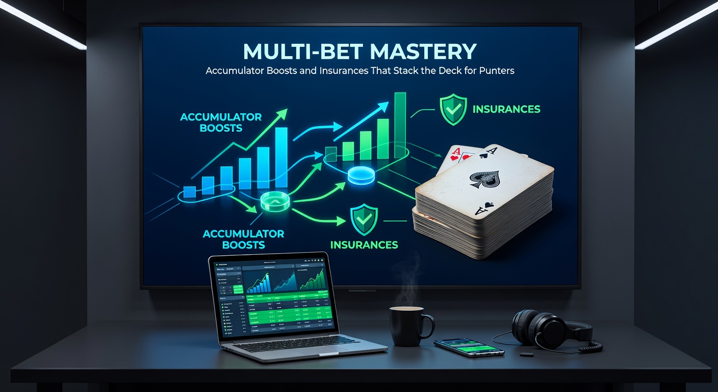 Infographic depicting accumulator insurance payout flow alongside profit boost calculations, with example multi-bet scenarios