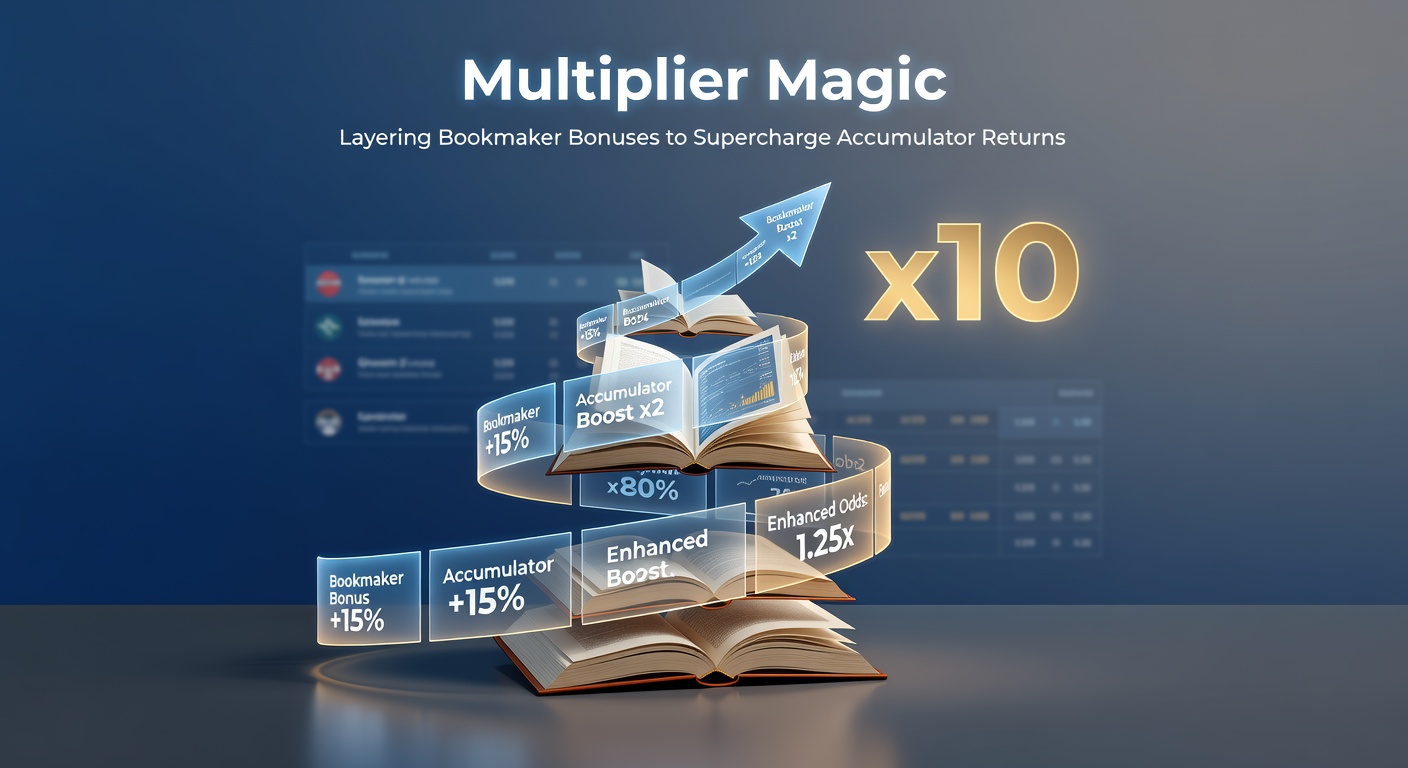 Graphic showing stacked bookmaker bonus icons amplifying an accumulator bet payout, with arrows illustrating multiplied returns