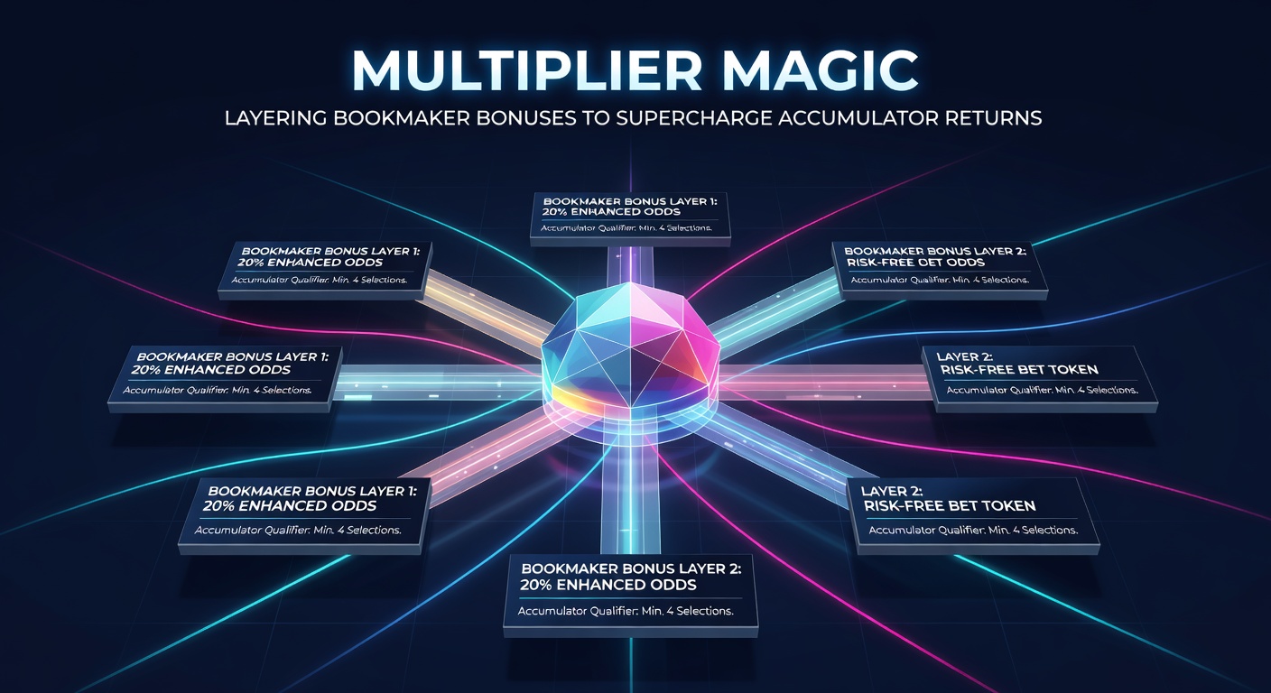 Infographic depicting a multi-layered accumulator strategy with bonus icons from different bookmakers stacking to explode payout returns