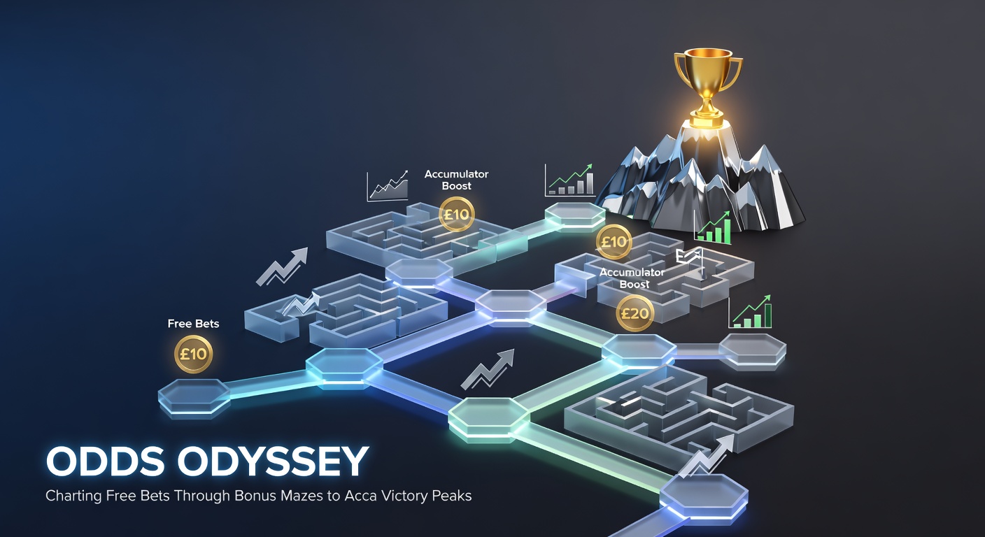 Dynamic chart showing accumulator growth from free bet origins, with branching paths representing bonus combos and peak payouts amid sports event icons