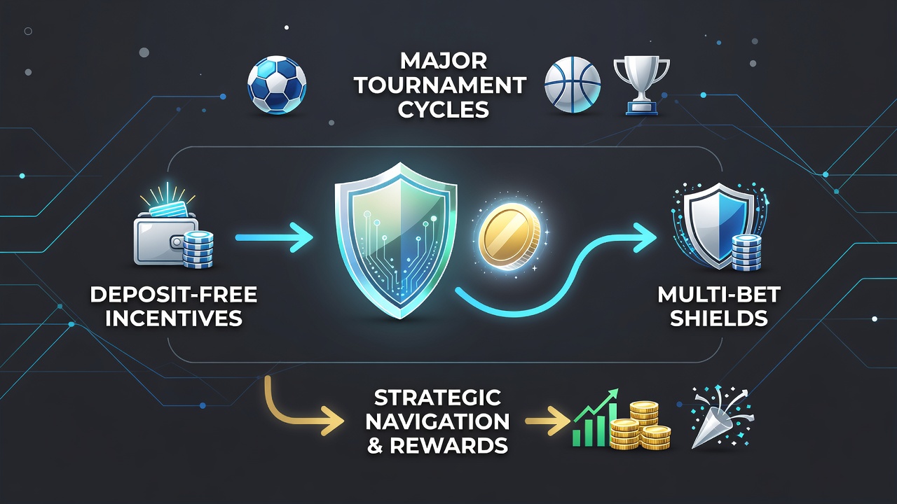 Diagram of layered betting bonuses showing no-deposit credits combined with accumulator insurance during tournament schedules
