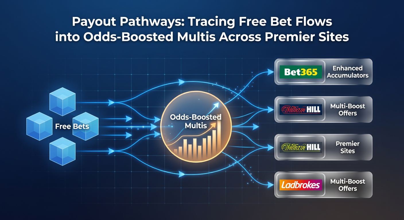 Visual flowchart tracing free bet conversions into boosted multi-bet payouts across bookmaker platforms