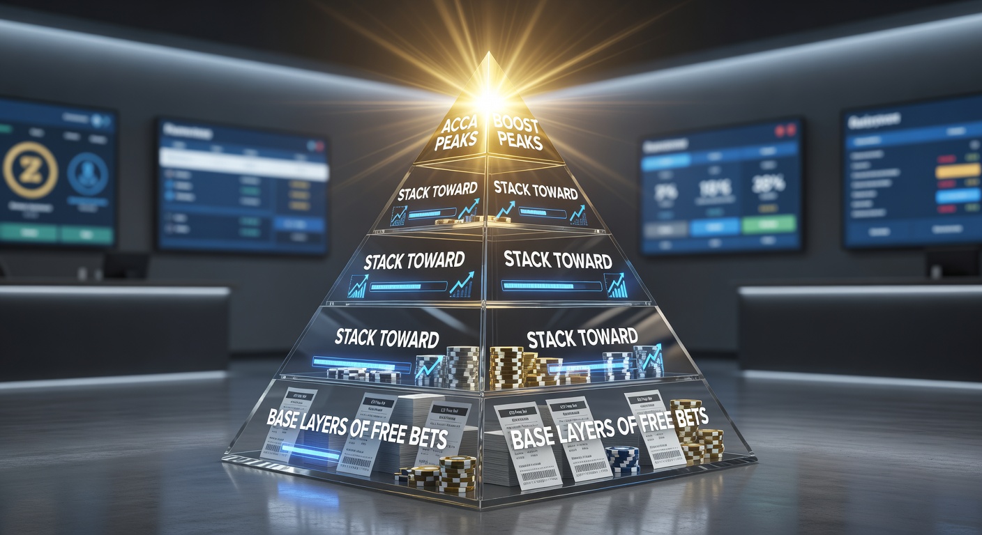 Screenshot example of a bookmaker's layered promotions, from free bet sign-ups climbing to acca boost offers