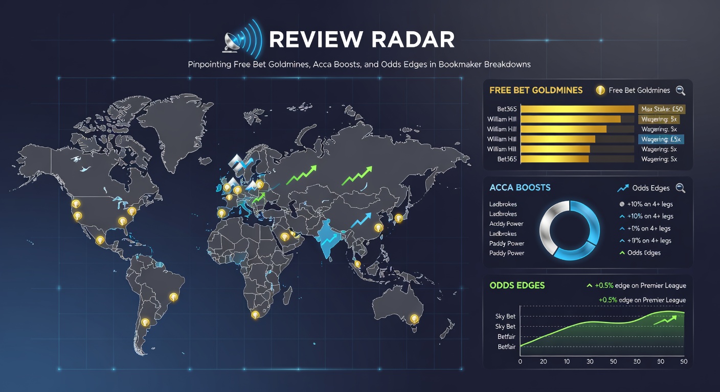 Screenshot of a review radar dashboard comparing bookmaker free bets, acca boosts percentages, and live odds for a football match