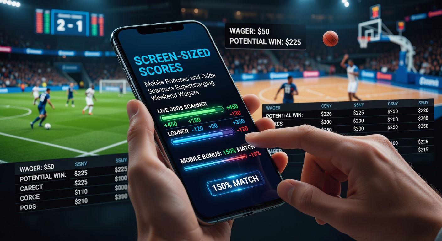 Smartphone screen showing live sports scores, betting odds, and exclusive mobile bonus notifications during a weekend match