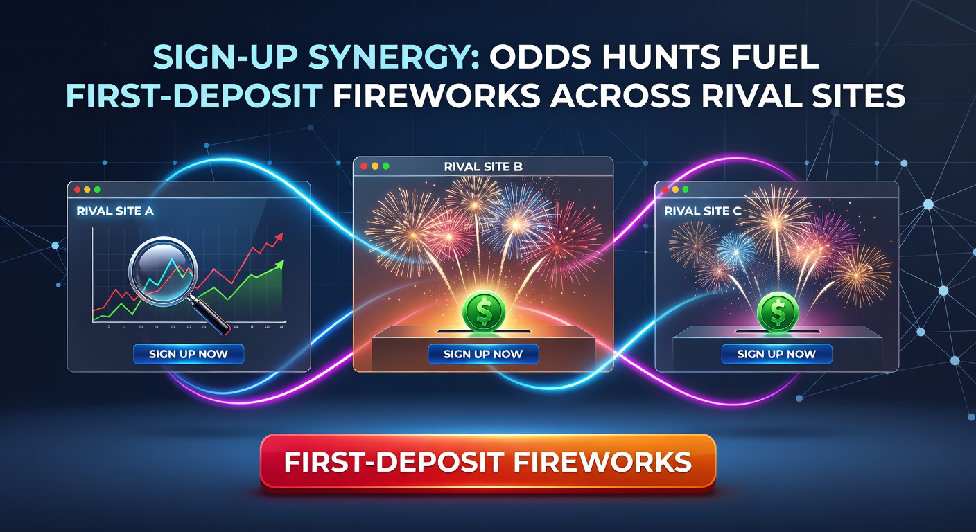 Graphic illustrating odds comparison tools highlighting divergent lines across multiple betting platforms, with deposit bonus icons exploding into winnings