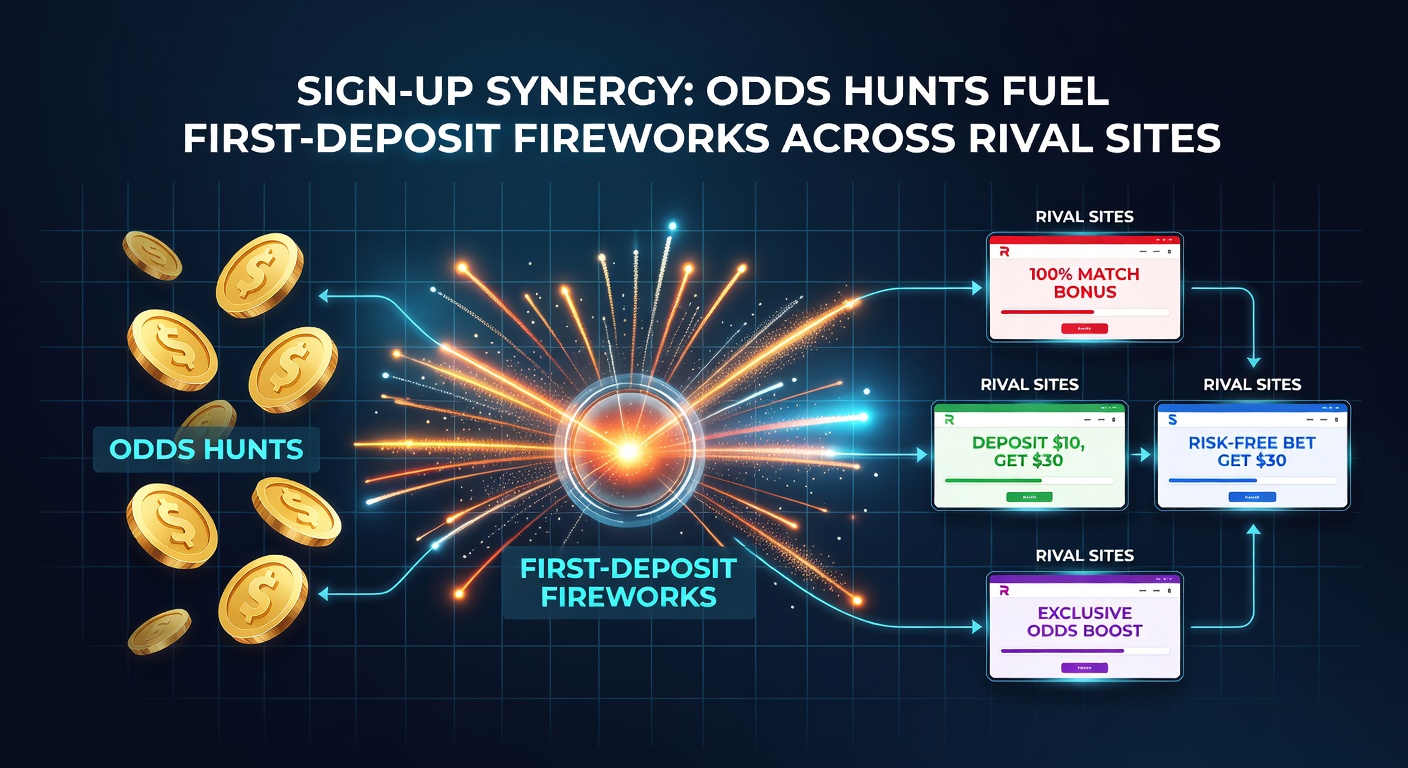 Screenshot of a betting dashboard showing parallel sign-ups on rival sites, with odds overlays and deposit bonus activations leading to a winning accumulator slip