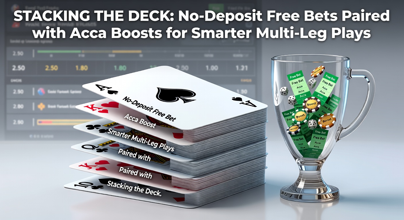 Visual representation of stacked poker chips and betting slips symbolizing strategic layering of no-deposit free bets with accumulator boosts