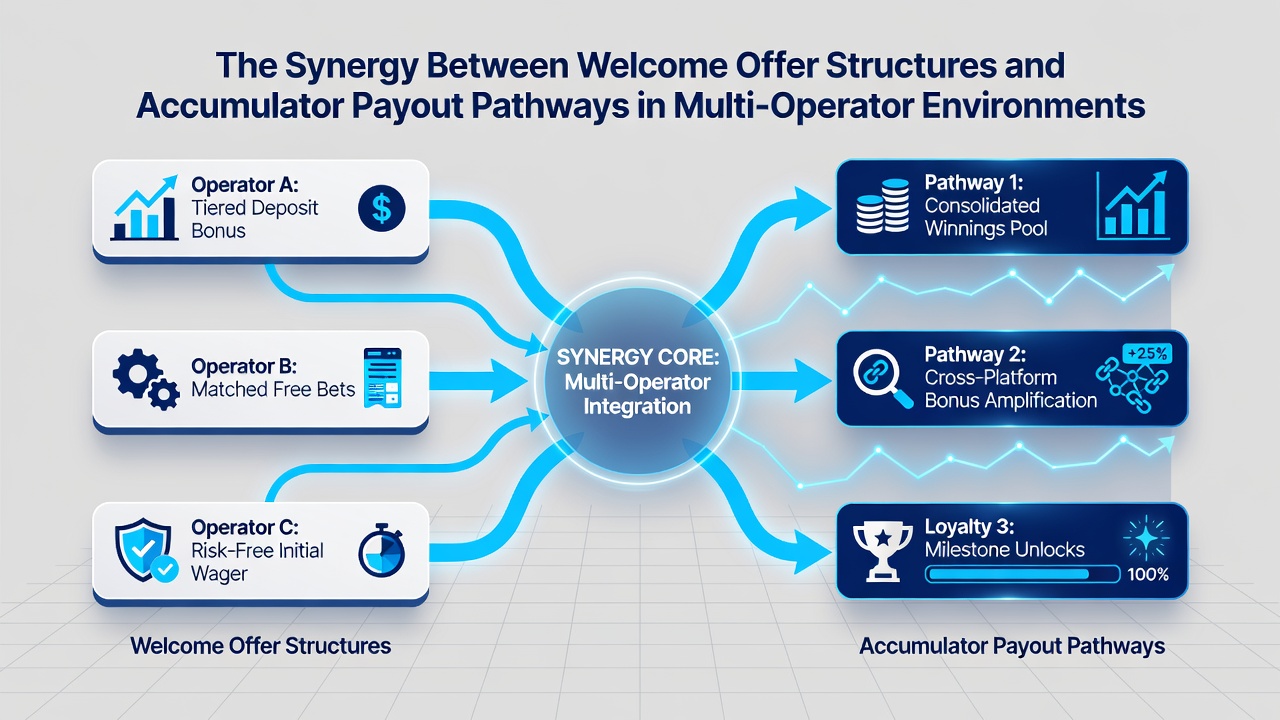 Flowchart illustrating accumulator returns boosted by layered welcome offers from several operators