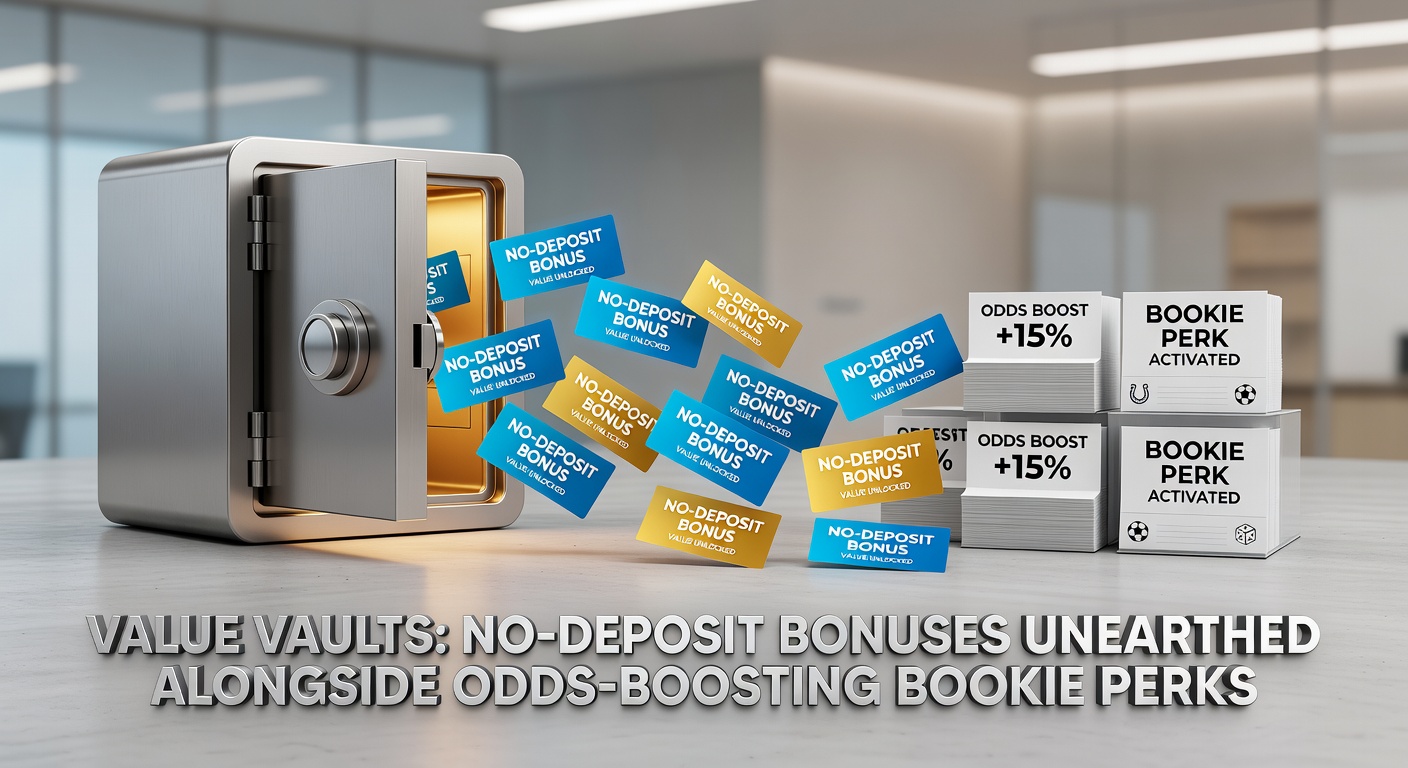 Illustration of a treasure chest overflowing with golden betting chips and enhanced odds symbols, representing hidden value in no-deposit promotions